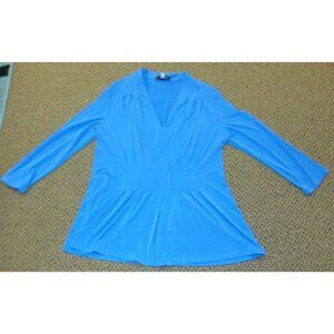 Womens Blouse Small Premise Blue V-Neck 3/4 Sleeve Pleated Top